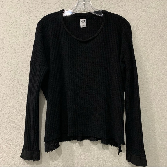 NSF Tee Womens XS Thermal Waffle Knit Long Sleeve Raw Edge Side Slit Black - Picture 1 of 16